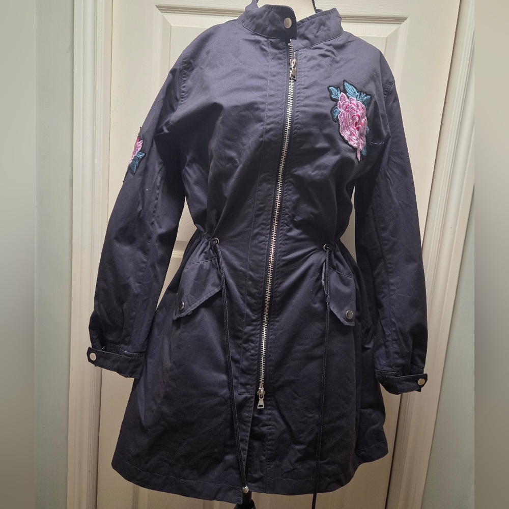 DC Jeans Cinch Waist Floral Embroidery Miltary Trench